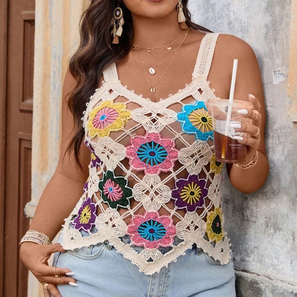 Plus Colorful Floral Crochet Semi Sheer Tank top - Picture 4 of 6